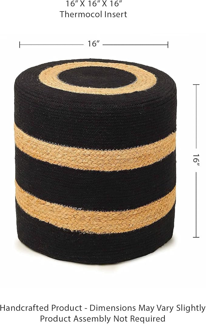 REDEARTH · Cylindrical Pouf Foot Stool Ottoman - Jute Braided Pouffe Poof Accent Sitting Footrest for The Living Room, Bedroom, Nursery, Patio, Lounge & Other Rooms (14.5”x14.5”x16”; Black Natural)-Ruum Studio Home