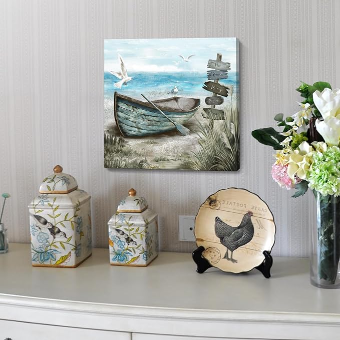 Bathroom Wall Art Coastal Décor Nautical Boat on Beach Canvas Picture Ocean Seagull Seascape Canvas Print Sea Bird Farmhouse Artwork for Seashore Bedroom Living Room Small Square Blue Teal 14x14"-Ruum Studio Home