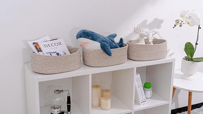 Cute Shelf Basket to Store and Organize Household Items/Baskets&Bins for Daily Storage &Organizing/Woven Rope Basket for Living Room, Playroom/Small Oval-13x8.66x5.11’’,3 Packs Light Brown-Ruum Studio Home