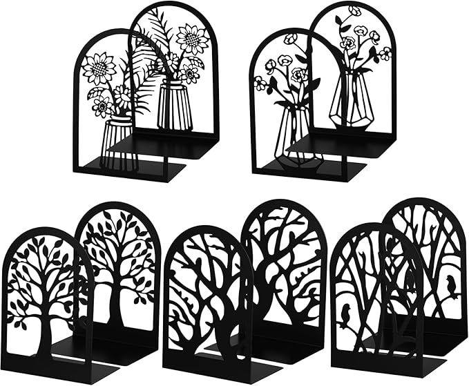 Faccito 5 Pairs Book Ends, Black Metal Bookends for Shelves Decorative, Non Skid Tree Stopper and Flower Shelf Holder for Heavy Books, Home Office School Supplies(Modern)-Ruum Studio Home