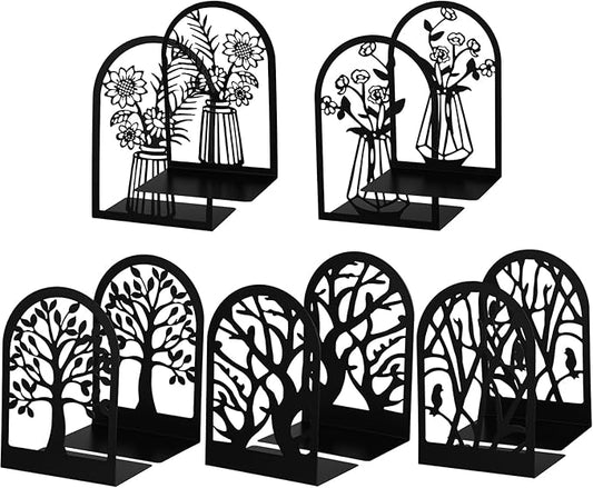 Faccito 5 Pairs Book Ends, Black Metal Bookends for Shelves Decorative, Non Skid Tree Stopper and Flower Shelf Holder for Heavy Books, Home Office School Supplies(Modern)-Ruum Studio Home