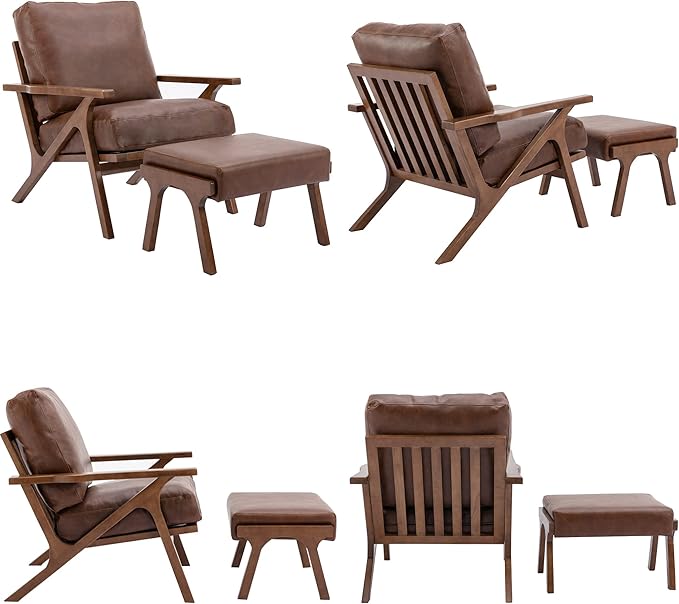 Mid Century Modern Accent Chair with Ottoman, Farmhouse PU Upholstered Living Room Armchair and Ottoman Set, 23" Seat Wide Retro Leisure Lounge Chair with Wood Frame for Home, Bedroom, Office, Brown-Ruum Studio Home