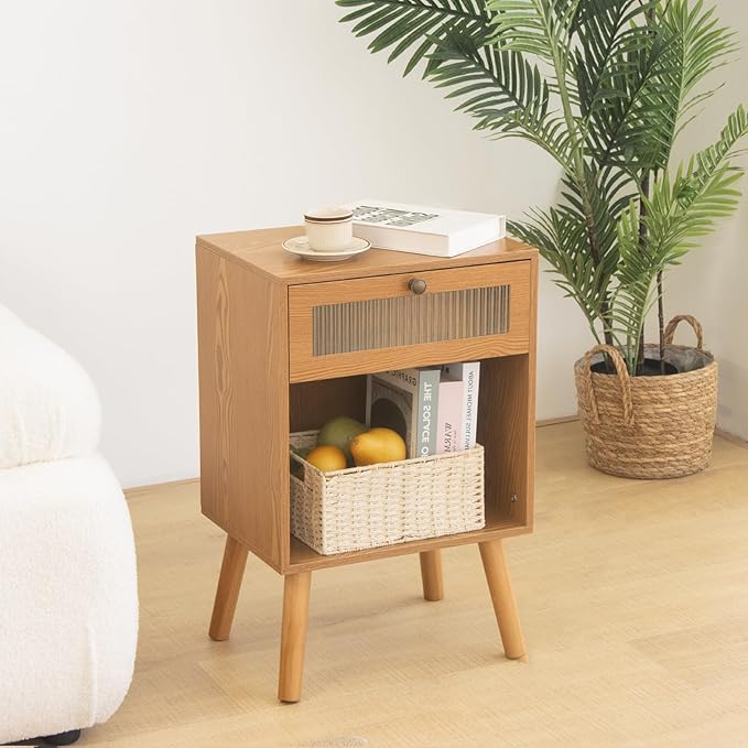 AWASEN Mid Century Nightstand, Bedside Table with Glass Storage Drawer and Large Open Shelf, Modern Night Stand Side End Table with Solid Legs for Bedroom, and Small Space, Brown-Ruum Studio Home