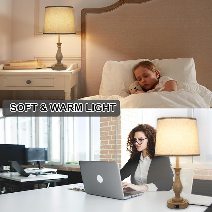 Touch Lamps for Bedrooms Set of 2, Farmhouse Table Lamp with Dual USB Charging Ports, 3 Way Dimmable Nightstand Lamps with Linen Fabric Lampshade for Bedroom (Pack 2-Beige Shade & Antique Brown)-Ruum Studio Home