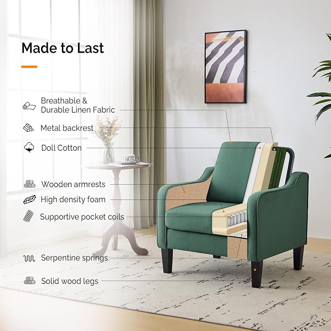 VINGLI Accent Chair for Living Room Chairs Dark Green Reading Chair for Bedroom Scooped Arm Chair Mid Century Modern Accent Chairs Upholstered Comfy Chair for Apartment, Waiting Room-Ruum Studio Home