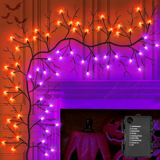 7 Ft Halloween Decorations Willow Vine Twig Garland with 8 Modes Timer 63 LED Orange Purple Lights, Halloween Garland with Waterproof Battery Operated for Wall Fireplace Decorations Indoor Outdoor-Ruum Studio Home