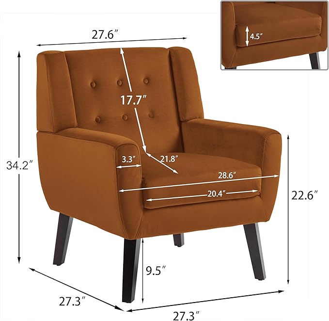 UIXE Accent Chair, Velvet Upholstered Armchair for Living Room, Modern Club Arm Chairs Comfy Single Sofa Button Tufted Bedroom Reading Seat - Orange, Set of 1-Ruum Studio Home