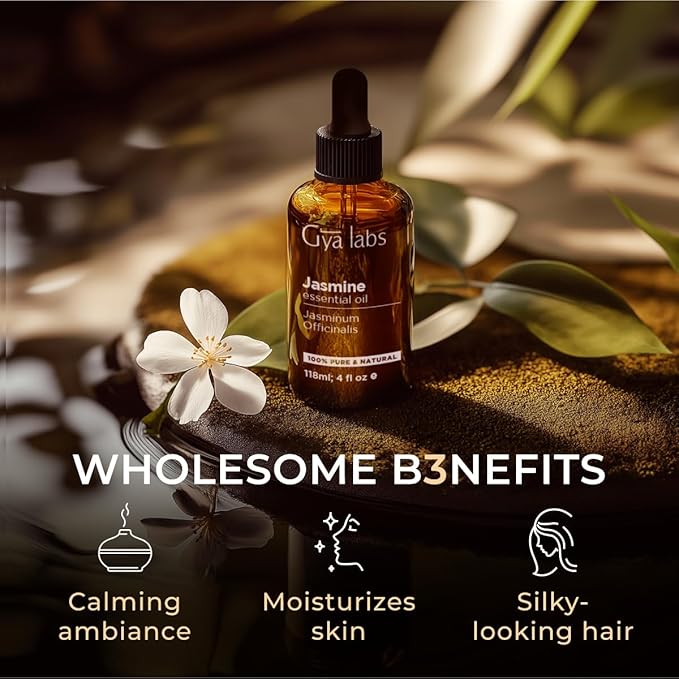 Gya Labs Jasmine Essential Oil for Diffuser - Huge 4 Fl Oz - 100% Pure Natural Jasmine Oil for Diffuser, Skin, Hair, Massages, Aromatherapy & Candle Making Scent-Ruum Studio Home