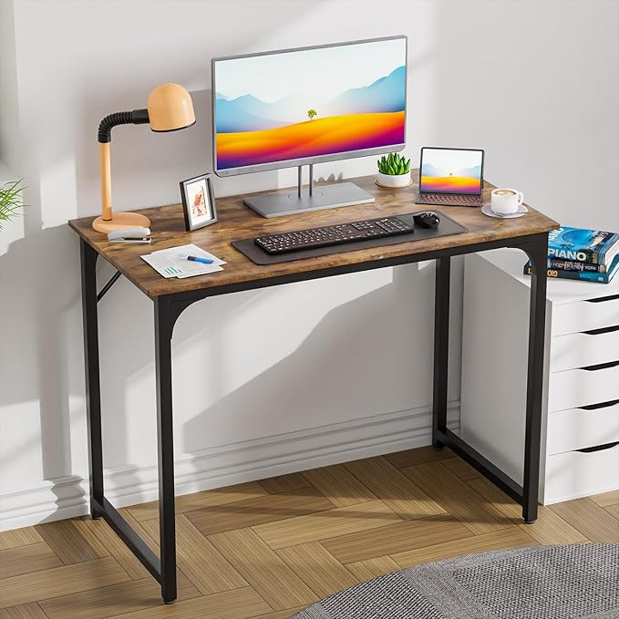 PayLessHere | 39 Inch Computer Desk | Brown | Office Desk with Metal Frame, Adjustable Feet | Water-Resistant, Scratchproof Surface | Sturdy Writing Table for Home Office or Study | Pack of 1-Ruum Studio Home