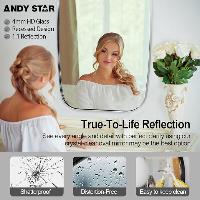 ANDY STAR Chrome Oblong Mirror, 36x48 Inch Polished Chrome Oval Mirror for Bathroom with Stainless Steel Metal Frame, Wall Mouned for Bathroom, Living Room, Entryway-Ruum Studio Home