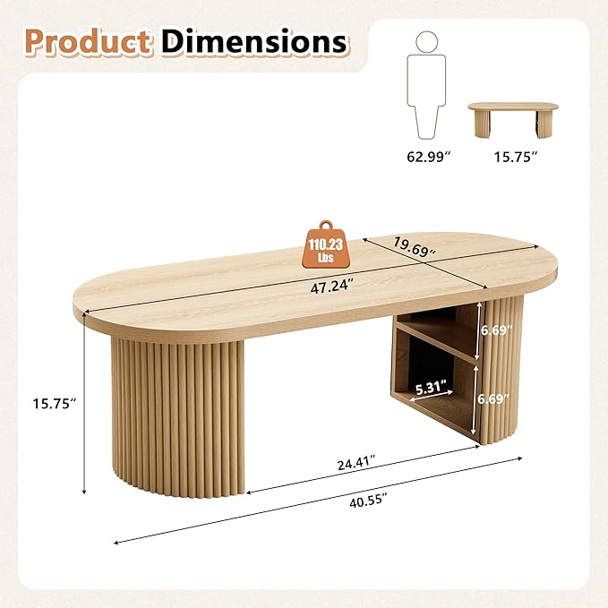 Oval Fluted Coffee Table, 47" Farmhouse Wood Coffee Table Mid Century Modern Center Table Boho Living Room Tables for Living Room Office,Natural-Ruum Studio Home