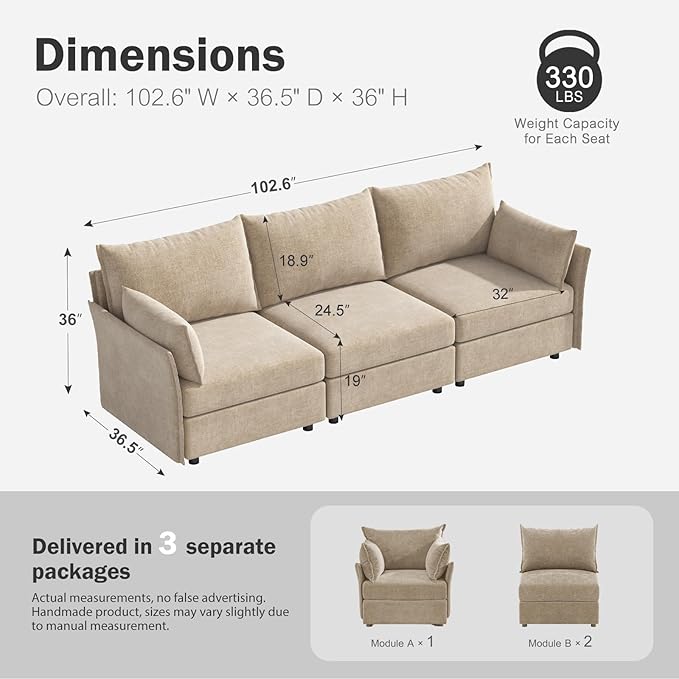 102.6" Modular Sectional Sofa, Oversized 3-Seater Couch with Removable Beige Chenille Fabric Cover, Deep Seat & High Backrest for Living Room, Office & Apartment-Ruum Studio Home