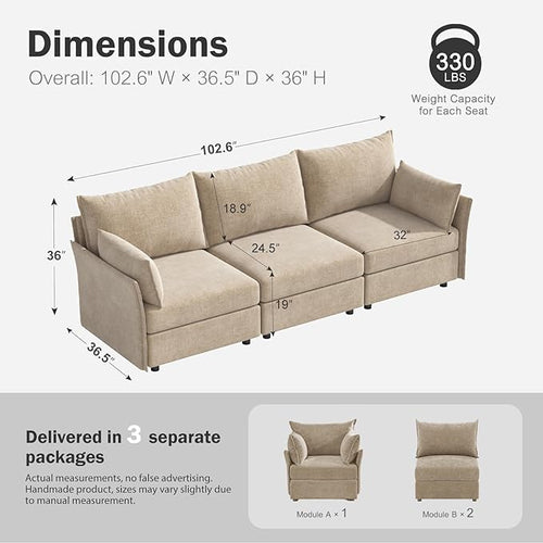 102.6" Modular Sectional Sofa, Oversized 3-Seater Couch with Removable Beige Chenille Fabric Cover, Deep Seat & High Backrest for Living Room, Office & Apartment-Ruum Studio Home