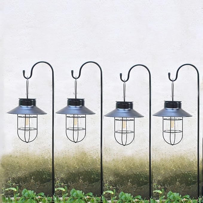4 Pack Hanging Solar Lantern Lights with Shepherd Hook, Metal Waterproof Warm White Edison Bulb Lights for Garden Outdoor Pathway-Ruum Studio Home