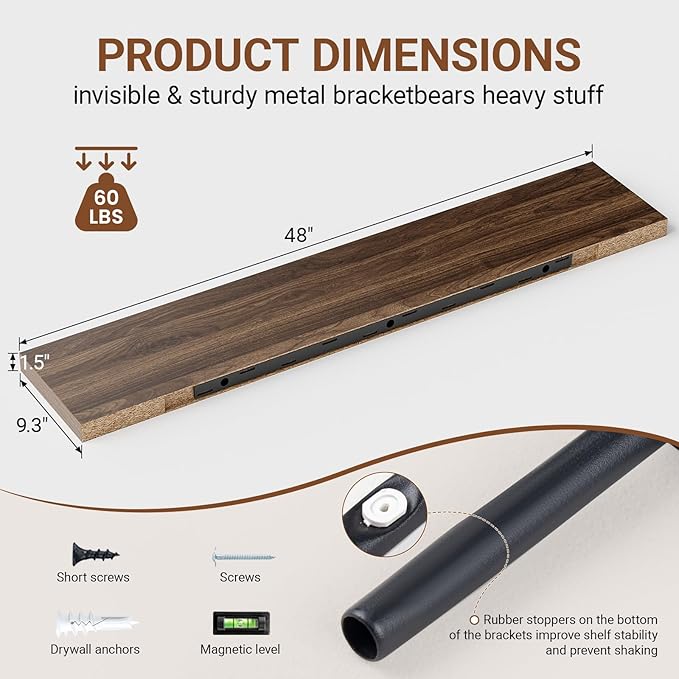 Heimlove Floating Shelves for Wall 48 Inches Long,9.3" Deep Walnut Floating Shelf Set of 2,Wall Mounted Wood Shelves for Bathroom Bedroom Living Room Kitchen Office,Shelf for Books Storage Room Decor-Ruum Studio Home