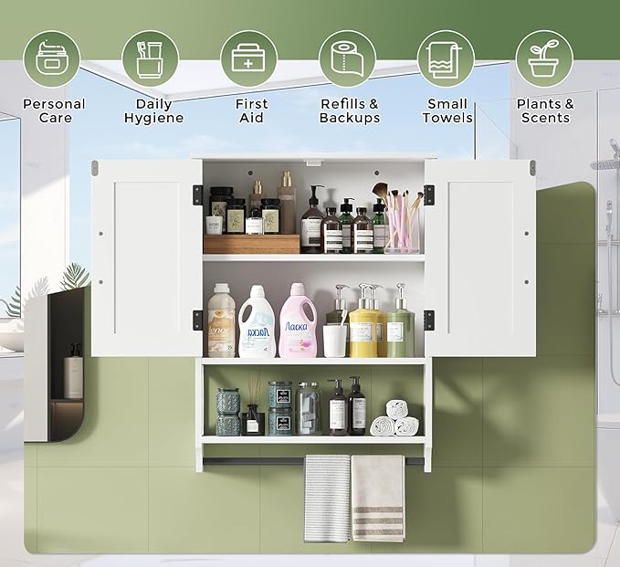 Bathroom Cabinet Wall Mounted, White Bathroom Wall Cabinets with Towel Bar and 2 Doors, Wooden Medicine Cabinet with Adjustable Shelf, Open Storage-Ruum Studio Home