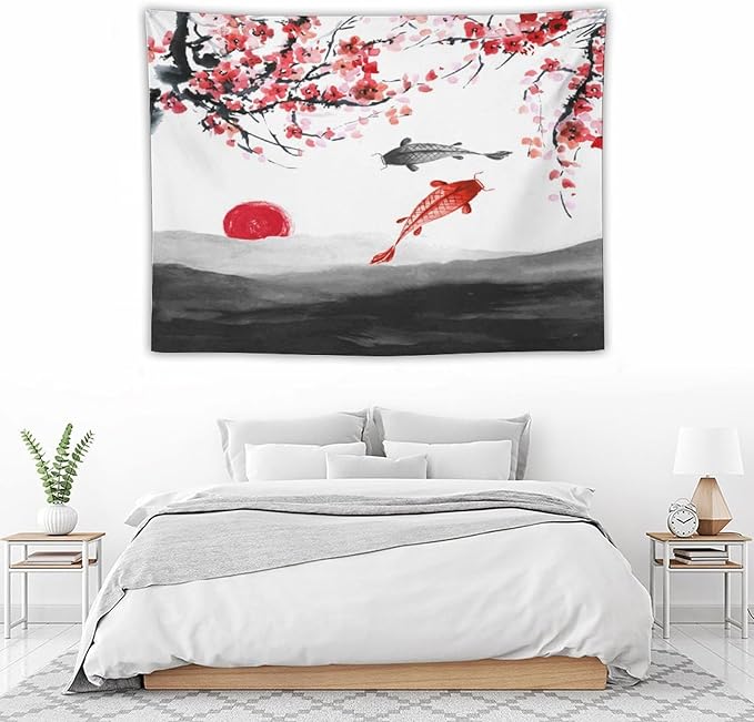 Japanese Koi Fish Tapestries, Cherry Blossoms Asian Oriental Flower Branch Koi Fish Carp Tapestry Wall Hanging for Bedroom Living Room Office Decor 40"x30"-Ruum Studio Home