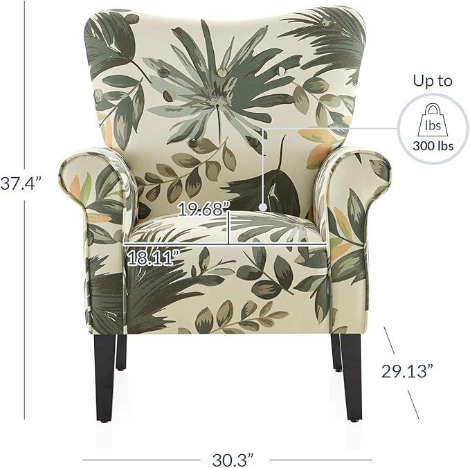 BELLEZE Modern Accent Chair for Living Room, High Back Floral Armchair with Wooden Legs, Upholstered Wingback Side Chair Padded Armrest Single Sofa for Living Room, Bedroom - Allston (Green Floral)-Ruum Studio Home
