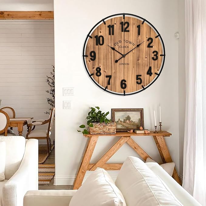 Large Old Town Farmhouse Wall Clock 30 Inches Rustic Antique Wood with Metal Circle and Large Numerals Silent Battery Operated Wall Clock for Office Kitchen Bedroom Living Room-Ruum Studio Home