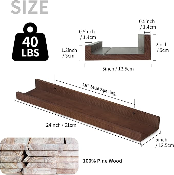 SAUMONIERES Picture Ledge Shelf Floating Book Shelves Set of 2 Wall Mounted Solid Wood for Bedroom Bathroom Living Room Kitchen, 24 Inch Walnut-Ruum Studio Home
