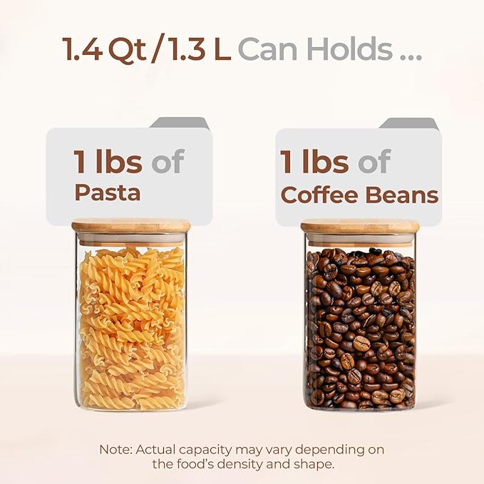 ComSaf 1.4 Qt Glass Storage Containers with Lids, Glass Jars with Lids, Clear Food Storage Jar, Square Canister Set of 3, Pantry Organizers and Storage for Flour Oat Pasta Tea Cookie Coffee Bean-Ruum Studio Home