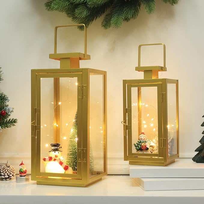 DECORKEY Fall Christmas Golden Decorations for Home, 17''&13'' Metal Candle Lanterns Decorative Outdoor&Indoor, Modern Hanging/Tabletop Candle Holders for Porch Patio Wedding Decor-Ruum Studio Home