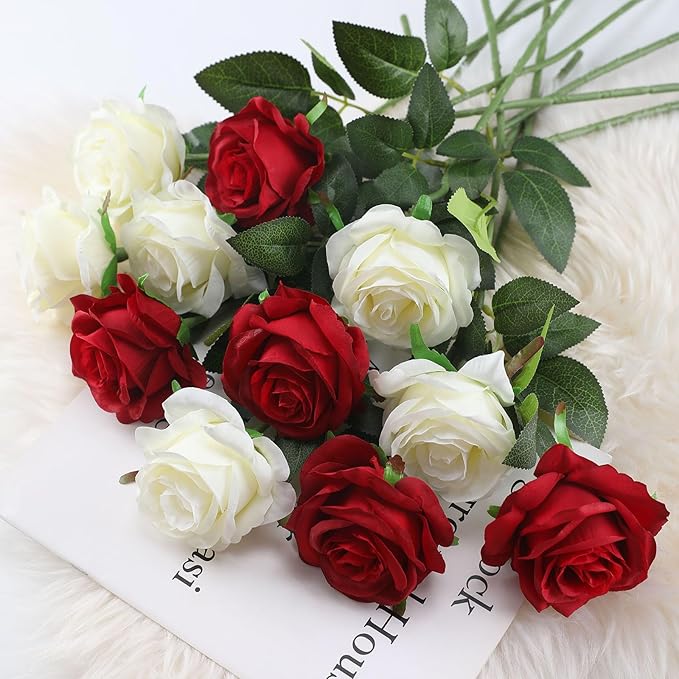 White Fake Roses Artificial Flowers - 10 Pcs Fake Artificial Roses Silk Flowers with Stems for Home Wedding Hotel Office Centerpiece Decor-Ruum Studio Home