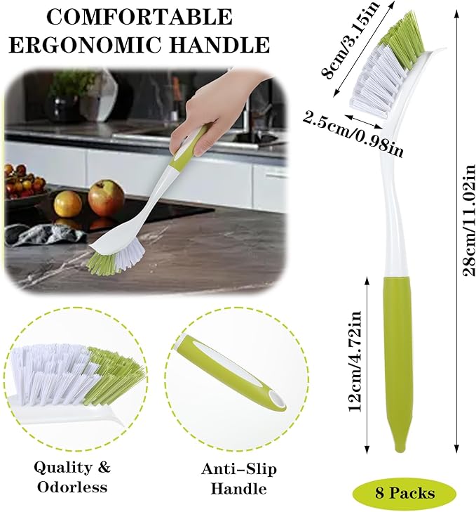 8 Pcs Dish Brush with Handle Kitchen Scrub Brush Pot and Pan Cleaning Brush Dish Scrubber with Stiff PET Bristles for Cookware Sink Washing Household, Green, 11 x 3.1 x 0.98 Inch-Ruum Studio Home