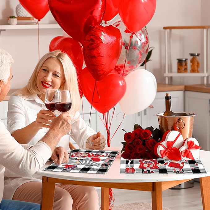 Valentine's Day Placemats Set of 6 Gnomes Plastic Table Mats Buffalo Plaid Place Mats Washable Vinyl Love Hearts Table Decoration for Anniversary Wedding Party Kitchen Dining Table-Ruum Studio Home
