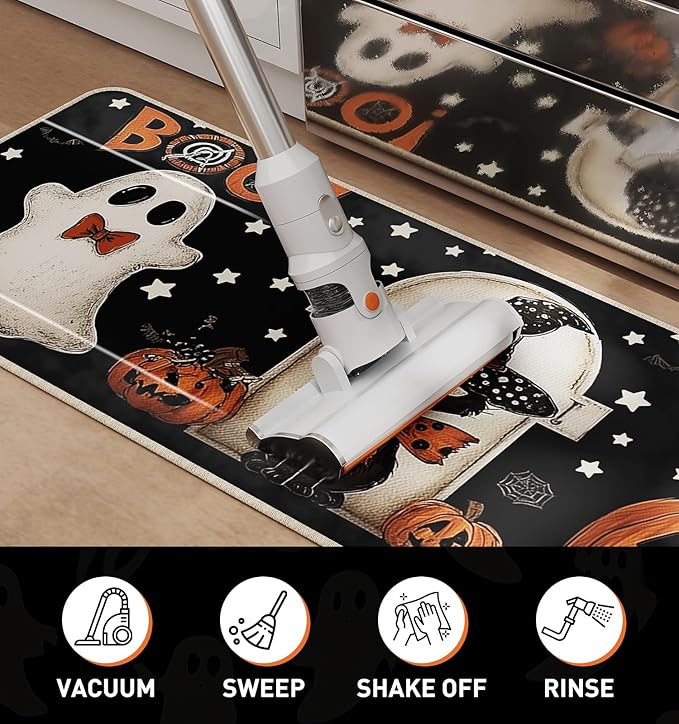 Halloween Kitchen Mat Set of 2, Pumpkin Ghosts Boo Cat Halloween Decor, Halloween Rug for Floor, Indoor Home Decor with Non-Slip Backing,17 x 29 Inch & 17 x 47 Inch-Ruum Studio Home