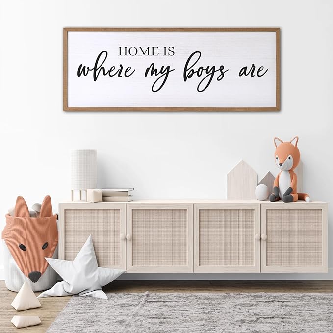 Home is Where My Boys are Sign Framed Wall Art, 32''×12'' Rustic Horizontal My Son Plaque with Natural Frame for Baby Kid Boy Son Teen Toddlers Room, Horizontal Mom of Boys Gifts Nursery Decor-Ruum Studio Home
