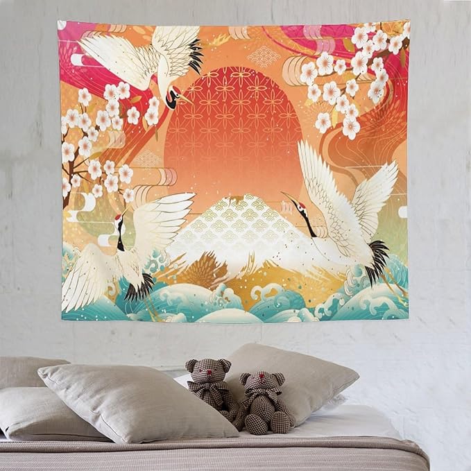 HZOHNAGO Japanese Tapestry Cherry Blossom Crane Sea Wave Fuji Mountain Red Sun Pattern Printed Wall Tapestry Painting Wall Hanging for Bedroom Living Room Dorm 60" W x 50" H-Ruum Studio Home