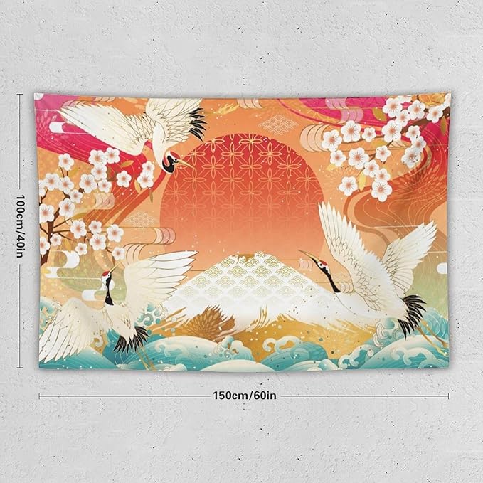 HZOHNAGO Japanese Tapestry Cherry Blossom Crane Sea Wave Fuji Mountain Red Sun Pattern Printed Wall Tapestry Painting Wall Hanging for Bedroom Living Room Dorm 60" W x 40" H-Ruum Studio Home
