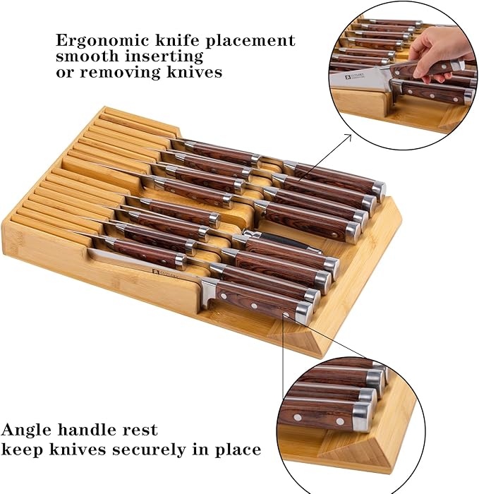 Bamboo Kitchen Drawer Knife Holder, In-drawer Knife Block, Knife Drawer Organizer fit for 16 knives and 1 steel sharpening-Ruum Studio Home