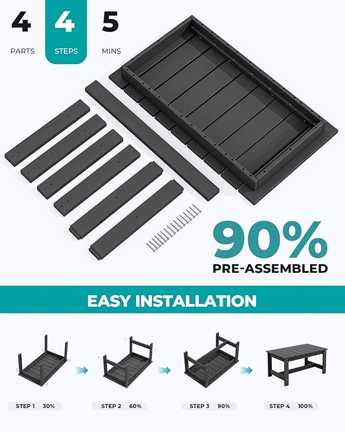 SERWALL Outdoor Coffee Table, HDPE Patio Coffee Table for Outside, Rectangle, Black-Ruum Studio Home