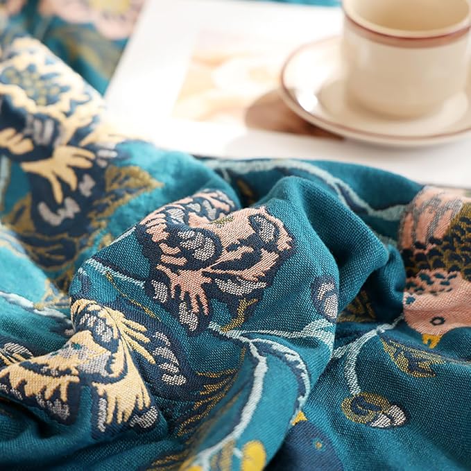 Boho Muslin Blanket for Adults 4-Layer Gauze Twin Size Soft Cozy 100% Cotton Summer Cooling Blanket Floral Decor for Sofa Bed Coverlet Both Sides (Flowr Branch Teal, Twin 60 x 80 in)-Ruum Studio Home