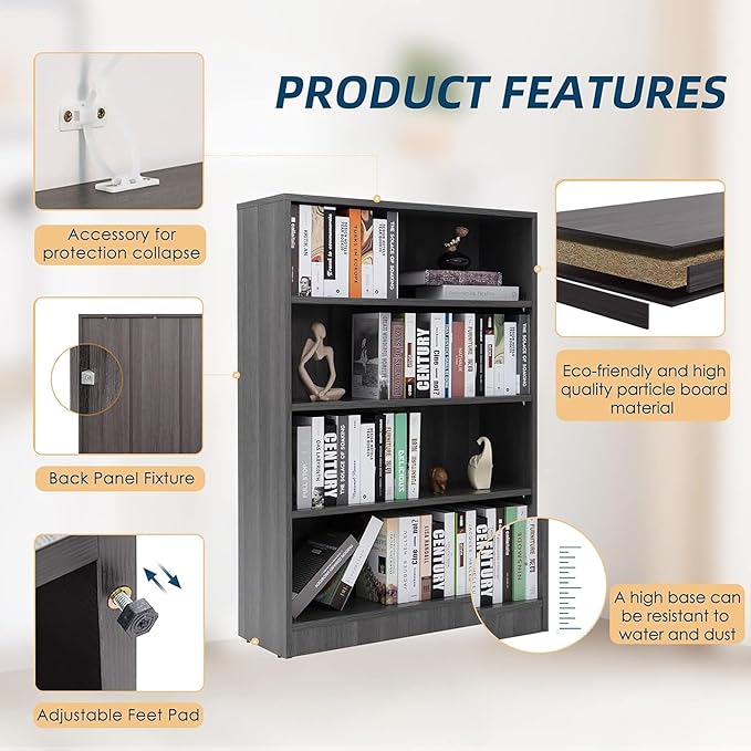 Bookshelf, Open Modern Bookshelf, 4 Shelf Bookcase with Freestanding Display Storage, Wooden Book Shelf for Bedroom, Living Room, Dinning Room, Office, 48 Inch, Gray-Ruum Studio Home