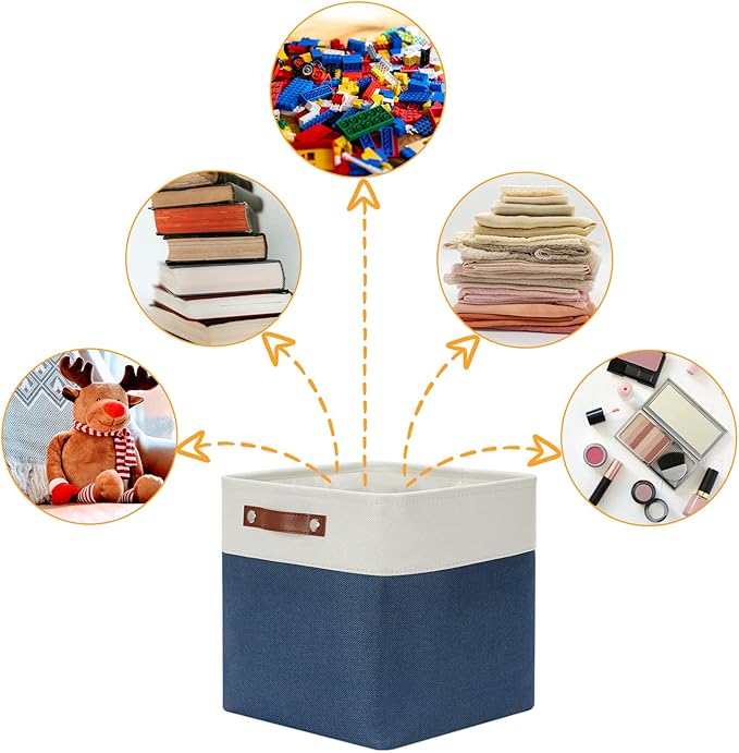 DULLEMELO Foldable Storage Cubes 12 x 12 Organizer Bins,Canvas Storage Bins Empty Gift Baskets for Organizing with SturdyLeather Handles, Closet Baskets for Nursery Storage(4 Pack - 12" White&Blue)-Ruum Studio Home