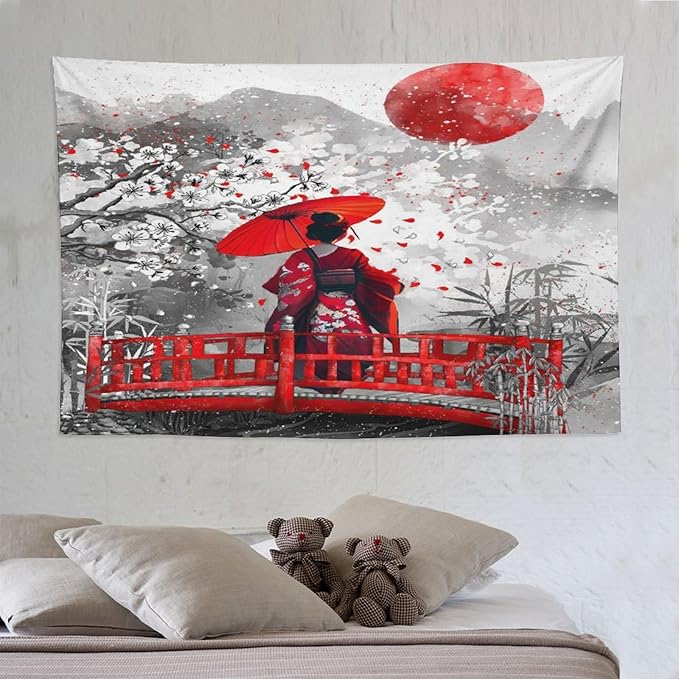 Japanese Red Geisha Tapestry Asian Cherry Blossom Red Sun Traditional Kimono Folk Tapestries Home Decor for Living Room Bedroom Apartment Farmhouse Dorm 90"x60"-Ruum Studio Home