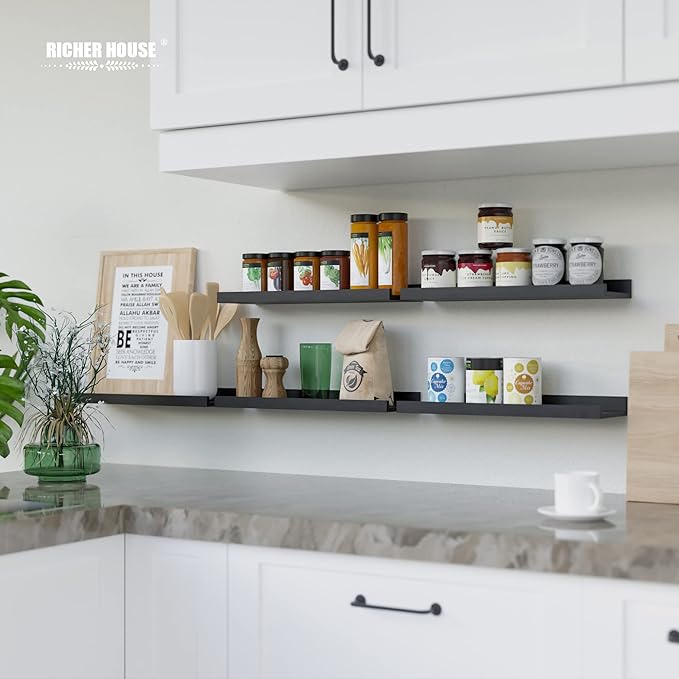 RICHER HOUSE 5 Set Floating Wall Mounted Shelves, Black Shelves for Wall Decor, Modern Picture Ledge Shelf with Lip for Storage, Nursery, Bedroom, Living Room, Bathroom - Black-Ruum Studio Home