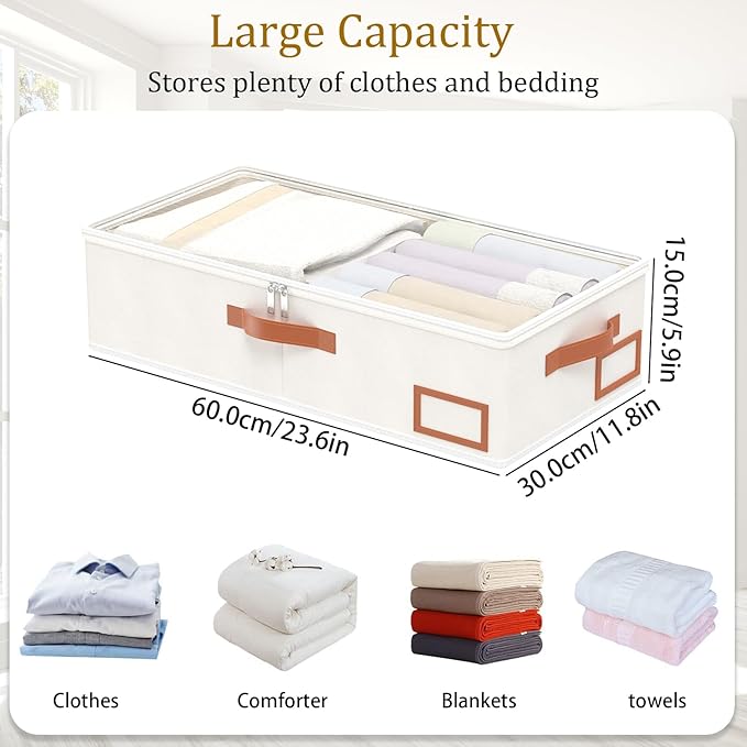 Yawinhe Under Bed Storage, 2 Pack Closet Organizers, Collapsible Container Bags, with Sorting Card Slot and 4 Leather Handles, for Blanket, Bedding, 23.6''Lx11.8''Wx6''H, Beige-Ruum Studio Home