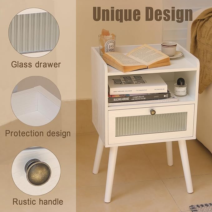 AWASEN White Nightstand with Charging Station, Modern Bedside Table with Glass Decorative Drawer, Small End Side Table with 2 Tiers Storage Space, for Bedroom, Office and Small Space(White)-Ruum Studio Home