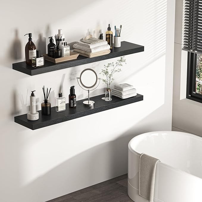Floating Shelves - 10.3 Inch Deep Wall Shelf for Decor & Storage - Wall Mounted Display Shelving with Invisible Heavy-Duty Metal Bracket - 48" W x 10.3" D x 1.8" H - Set of 1 - Rustic Black-Ruum Studio Home
