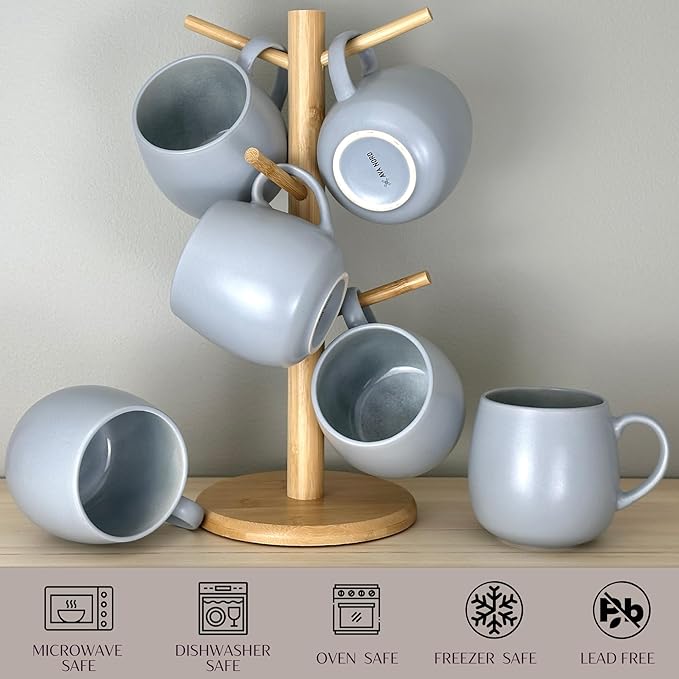 Ceramic Coffee Mugs Set of 6, 14oz - Modern Scandinavian Aesthetic - Microwavable Stoneware Coffee Cups with Comfortable Handle - Tea Mug Set for Latte, Cappuccino, Soup - Pale Blue Mist-Ruum Studio Home