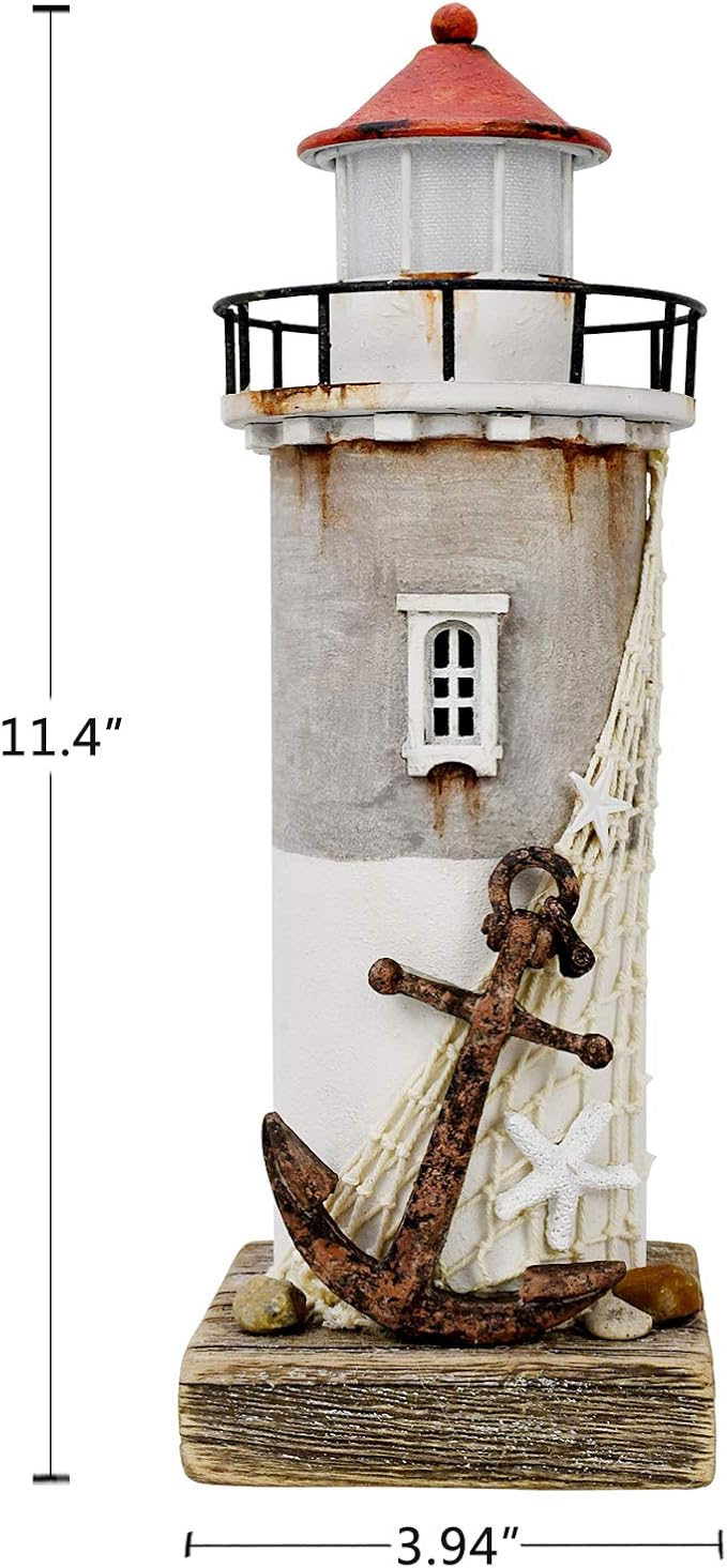 Linfevisi Wood Lighthouse Decor Rustic LED Light House Decor Wooden Decorative Nautical Lighthouse Statue Coastal Beach Themed Lighthouse Handcrafted Tabletop Decoration Home Bathroom (11.4")-Ruum Studio Home
