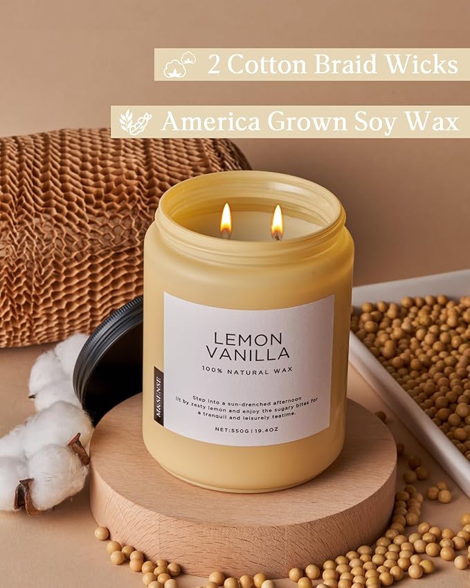 M&SENSE Candles Lemon Vanilla Scented, 19.4oz 110 Hours Long Lasting for Home 2 Wick Natural Soy Wax Non Toxic Candles in Glass Jar, Stress Relief Gifts for Women and Men-Ruum Studio Home