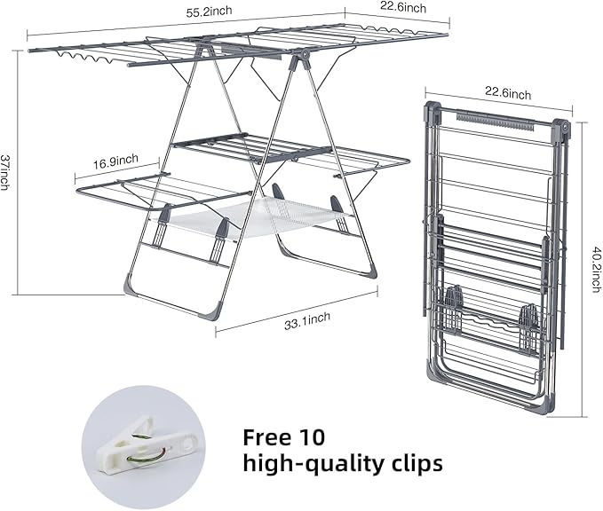 Clothes Drying Rack, Foldable 2-Level Laundry Racks for Drying Clothes Rack,Stainless Steel Drying Rack Clothing Collapsible for Indoor Outdoor,with Height-Adjustable Wings,33 Drying Rails,Gray-Ruum Studio Home