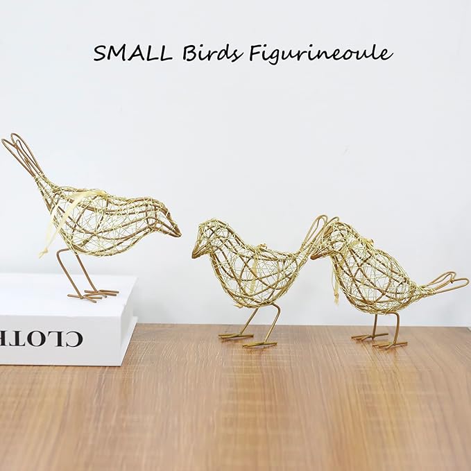 Artisan Handmade Gold-Wire Woven Bird Statues Trio Table Decor- Modern Farmhouse Shelf Decor with Hanging Chain, Multi-Pose Metal Bird Figurines for Home Office & Holiday Display-Ruum Studio Home
