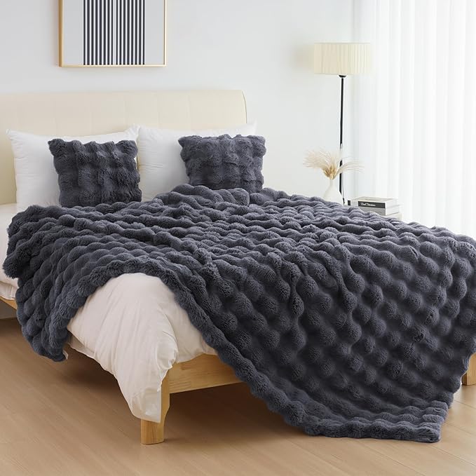 Cozy Faux Fur Throw Blanket for Bed-Warm Fuzzy Throw Blanket, Soft Plush Thick Bubble Blankets for Bedroom and Living Room, Furry Luxury Blanket, 60 x 80, Grey-Ruum Studio Home
