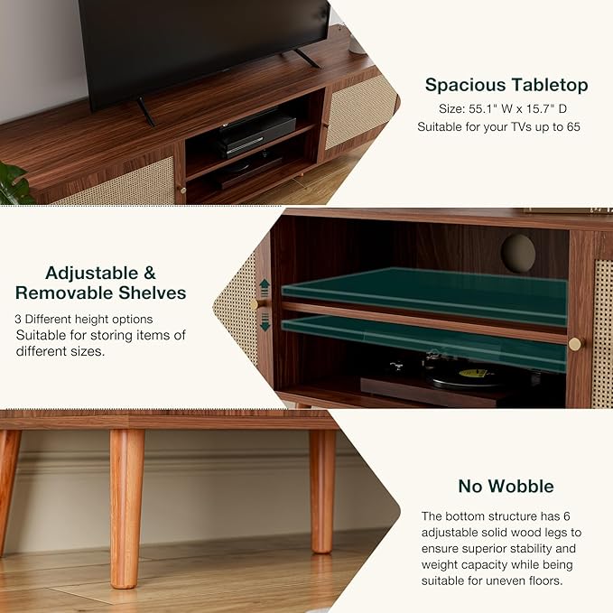 TV Stand for TVs up to 65'', Entertainment Center With Rattan Door, Shelves & 2 Cabinets, Long Boho Media Console for Living Room, Walnut-Ruum Studio Home